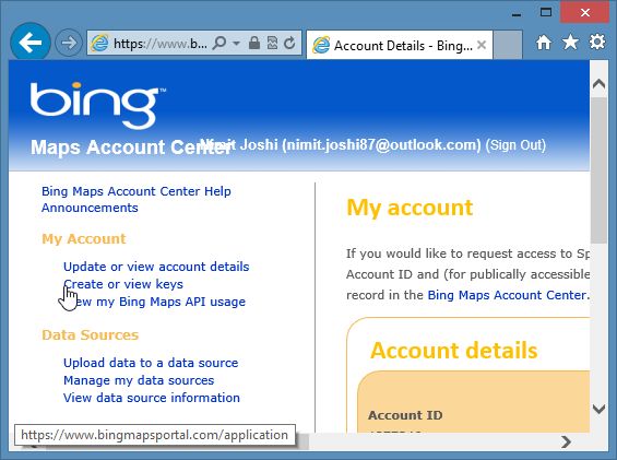 Create Key on Bing Map